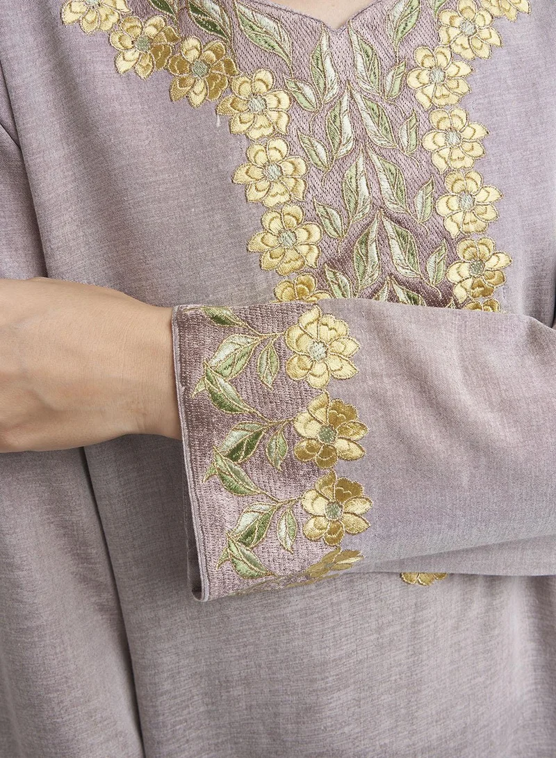 Kashkha  Mocha Machine Embroidered Jalabiya (VG2969) for Women | Best Price UAE