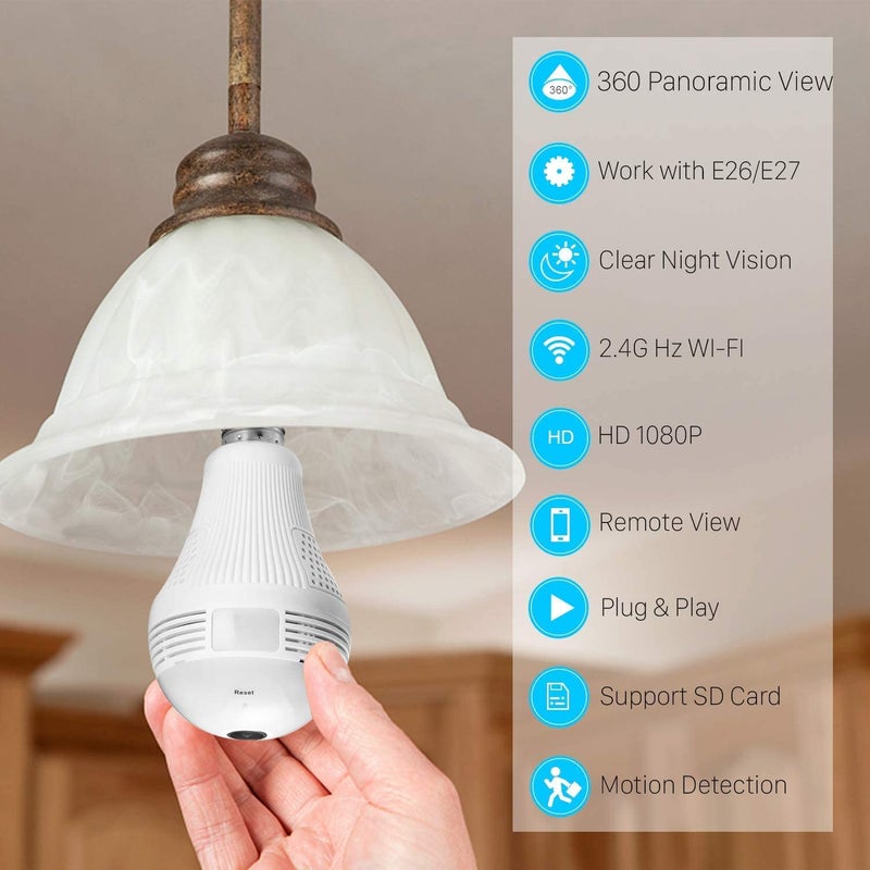 DEATTI Bulb Camera WiFi Full HD Bulb Shape Fisheye 360° Panoramic Wireless WiFi IP CCTV Security Camera with Coloured Night Vision (DECM5) - Image 4