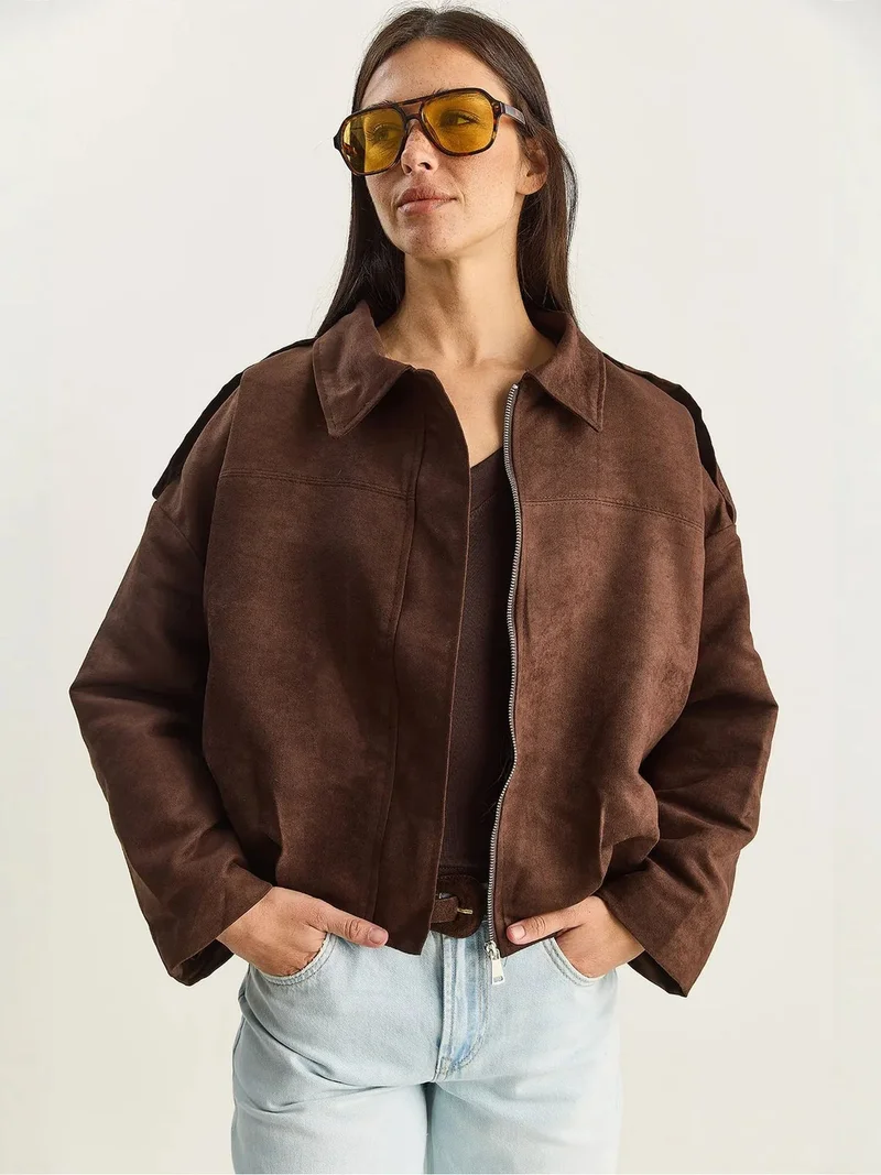 Bianco Lucci Dark Mocha Brown LUCCI Oversized Faux Suede Jacket for Women | Best Price UAE