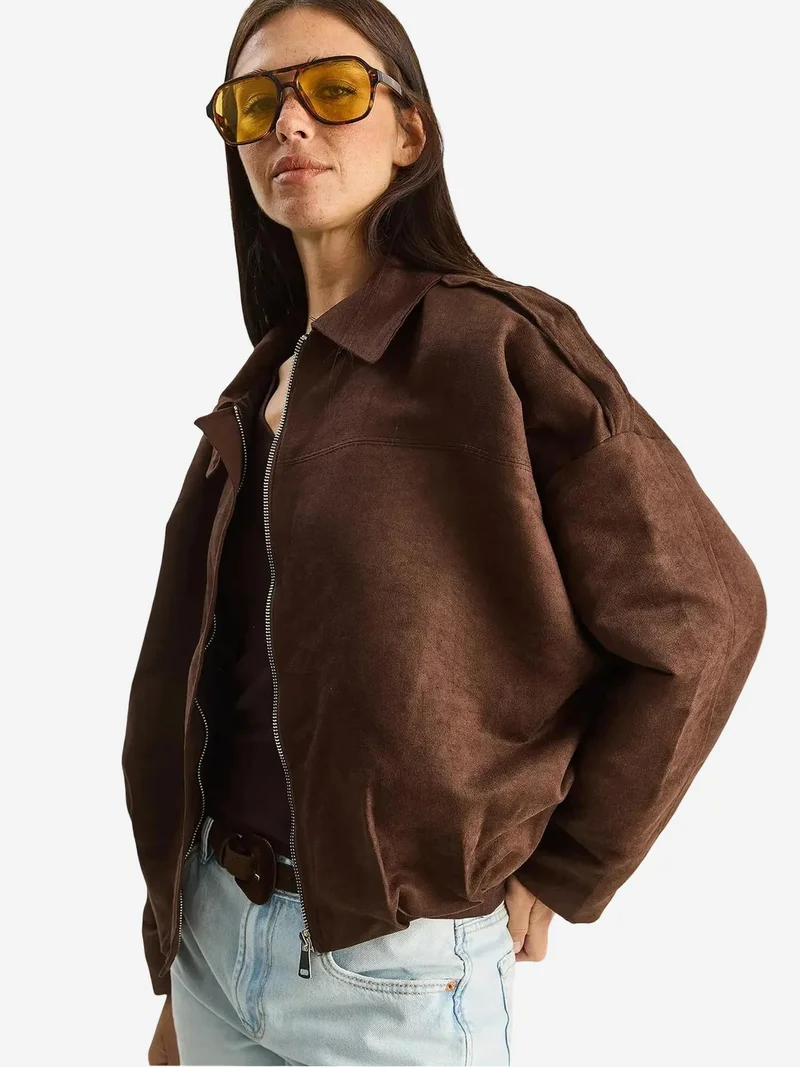 Bianco Lucci Dark Mocha Brown LUCCI Oversized Faux Suede Jacket for Women | Best Price UAE