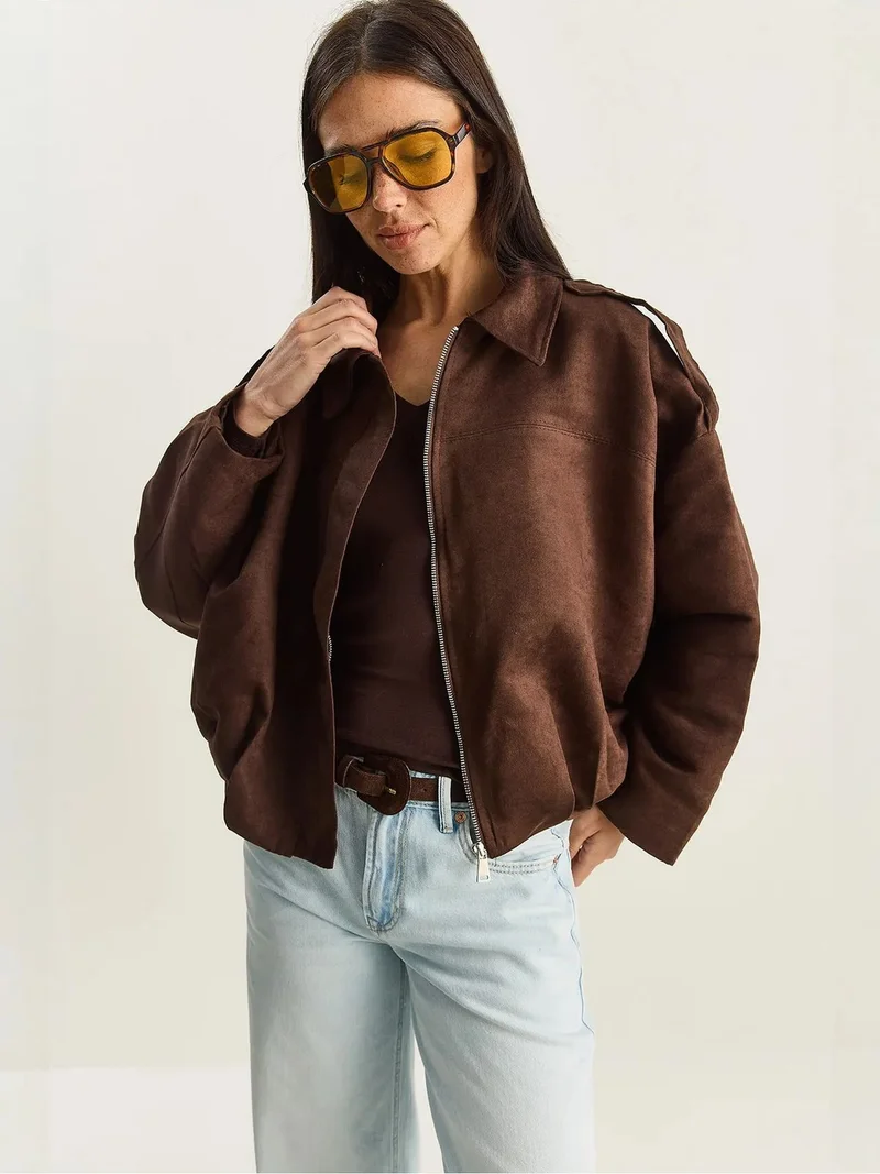 Bianco Lucci Dark Mocha Brown LUCCI Oversized Faux Suede Jacket for Women | Best Price UAE