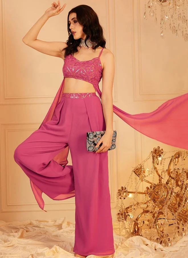 Indo Street Embellished Pink Crop Top & Palazzos Set for Women