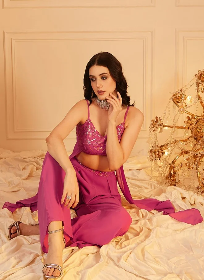 Indo Street Embellished Pink Crop Top & Palazzos Set for Women