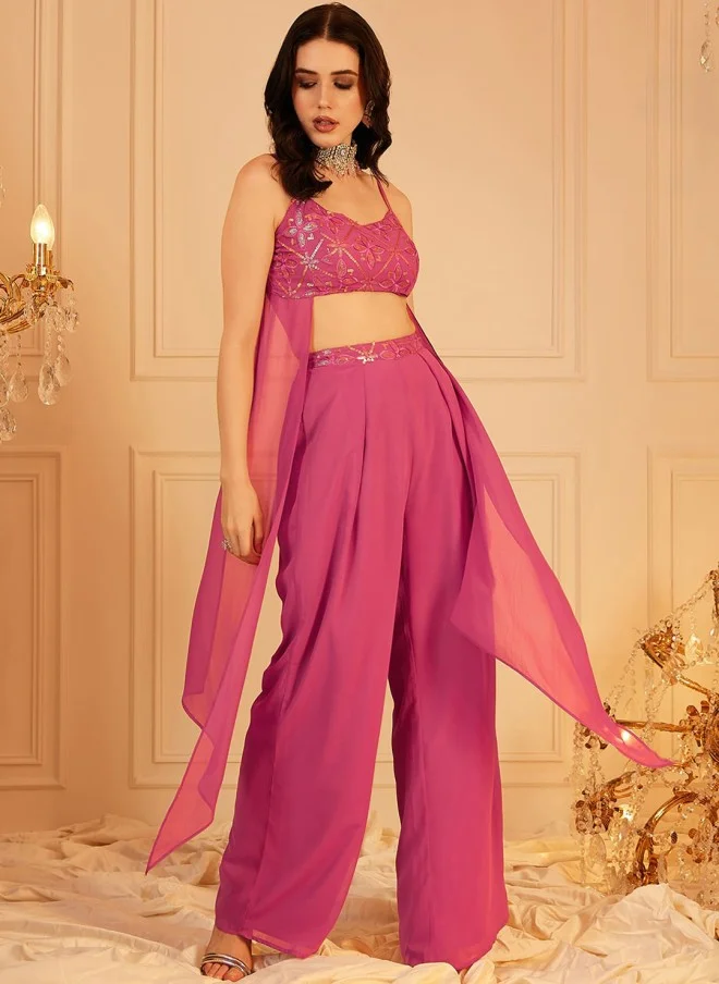 Indo Street Embellished Pink Crop Top & Palazzos Set for Women
