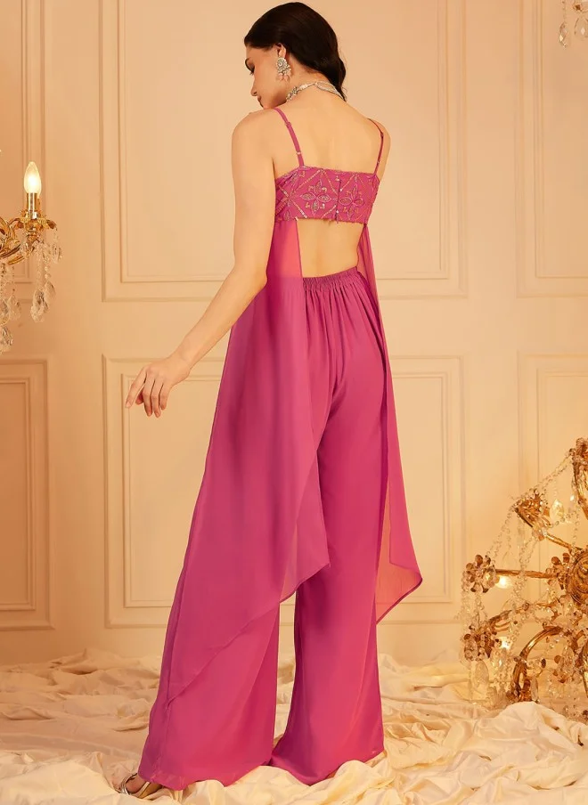 Indo Street Embellished Pink Crop Top & Palazzos Set for Women