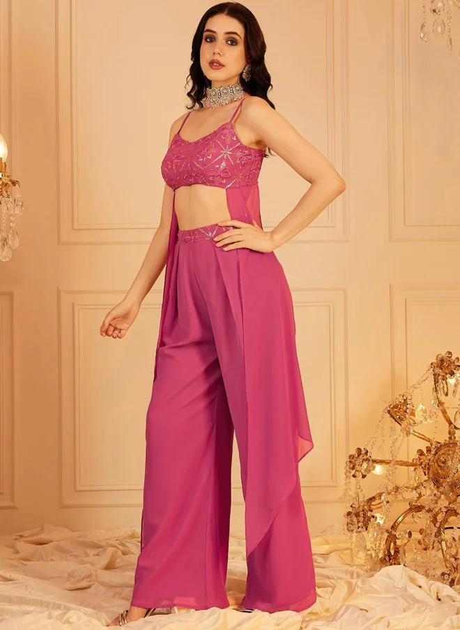 Indo Street Embellished Pink Crop Top & Palazzos Set for Women