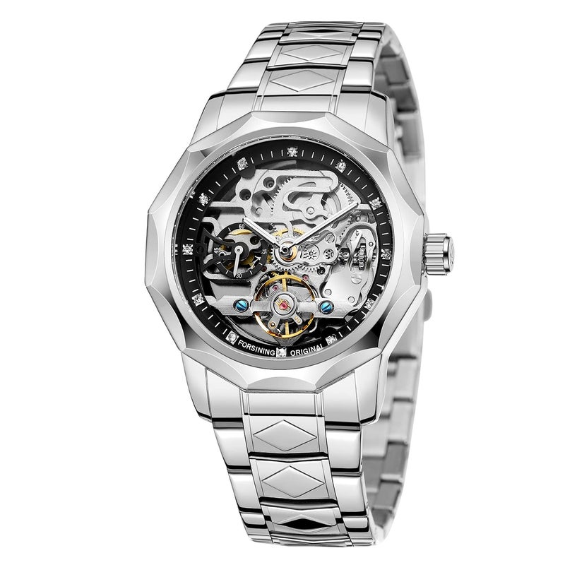 FORSINING Mens Automatic Movement Dodecagon Stainless Steel Skeleton Dial Self Winding Tourbillon Wrist Watch - Image 2