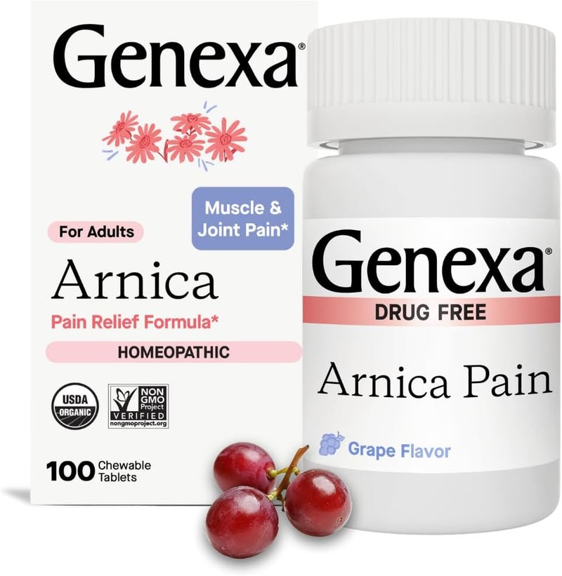 Genexa Arnica for Pain Relief | Alleviate Muscle & Joint Pain, Soreness & Stiffness | Reduces Bruises & Swelling | Organic Grape Flavor | Homeopathic Remedy Made Clean | 100 Chewable Tablets​ - Image 1
