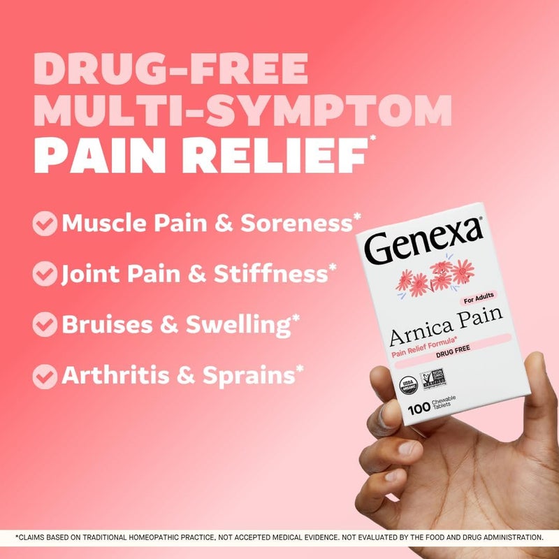 Genexa Arnica for Pain Relief | Alleviate Muscle & Joint Pain, Soreness & Stiffness | Reduces Bruises & Swelling | Organic Grape Flavor | Homeopathic Remedy Made Clean | 100 Chewable Tablets​ - Image 2
