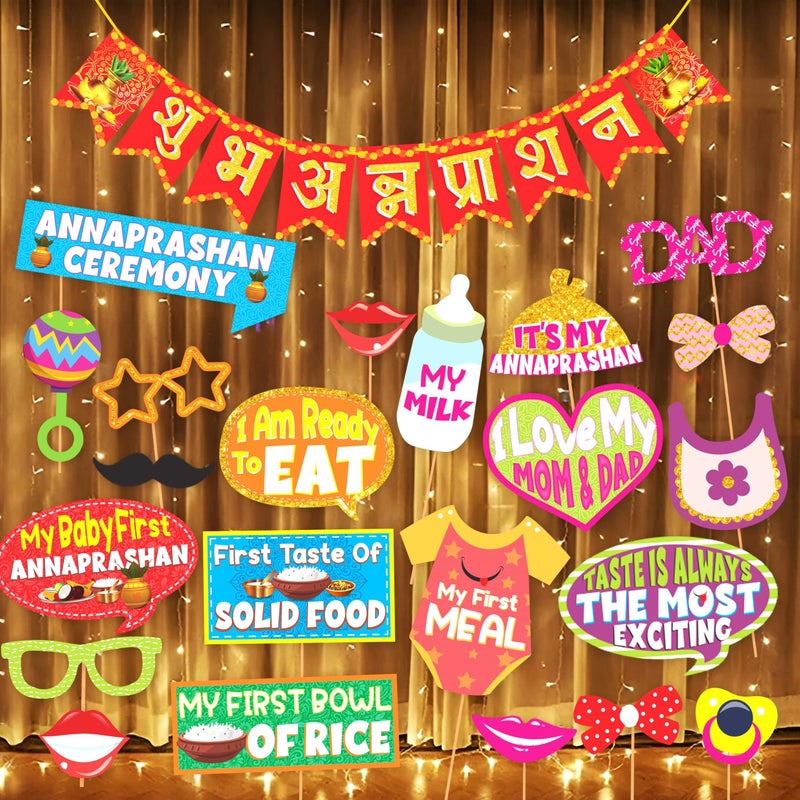 Wobbox Shubh Annaprashan Decoration Items Set - Baby Annaprashan Ceremony Props, Banner, Rice Light Decoration (27 Pcs Set) (FP5693) - Image 1
