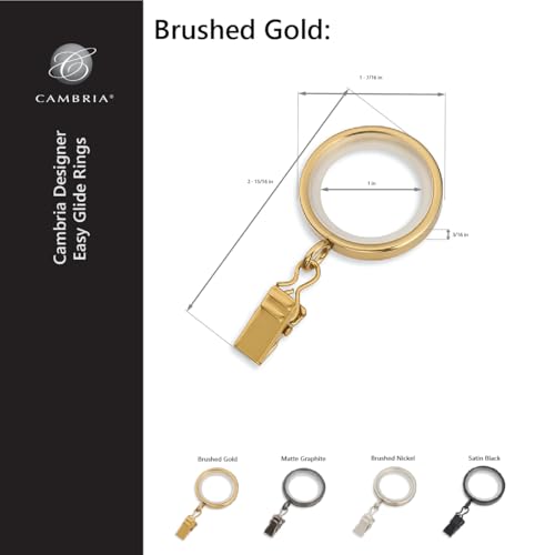 MODE Cambria Designer Series - Premium Easy Glide 18 Count Small Curtain Rings - Metal with Nylon Inserts and Clips - 1 inch Inner Diameter - use for rods 5/8" or Smaller - Brushed Gold - Image 3