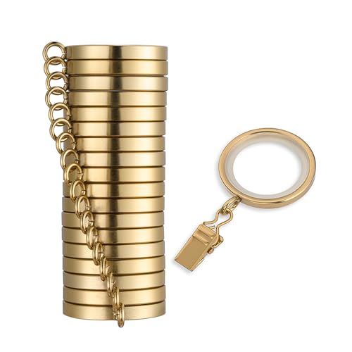 MODE Cambria Designer Series - Premium Easy Glide 18 Count Small Curtain Rings - Metal with Nylon Inserts and Clips - 1 inch Inner Diameter - use for rods 5/8" or Smaller - Brushed Gold - Image 1