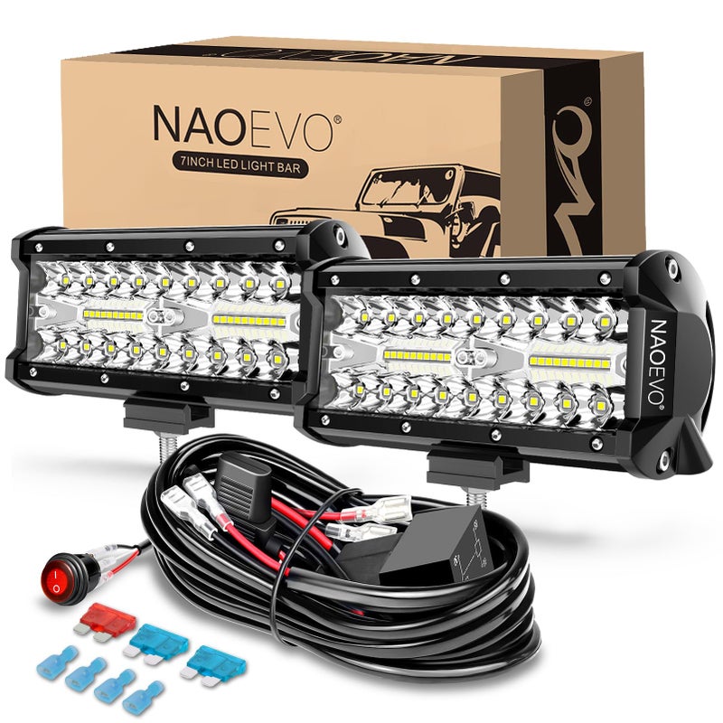 NAOEVO 7 Inch LED Light Bar, 240W 24,000LM Offroad Fog/Driving Lights LED Pods with 2 Leads Wiring Harness Kit, Spot Flood Combo Beam, Work for Truck Boat UTV ATV, 2-Pack (White) - Image 1