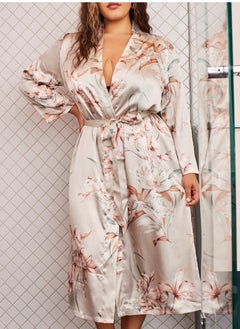 Women's Imitation Silk Floral Printed Large Size Nightgown Night-Robe V-Neck Soft Bathrobe Loungewear