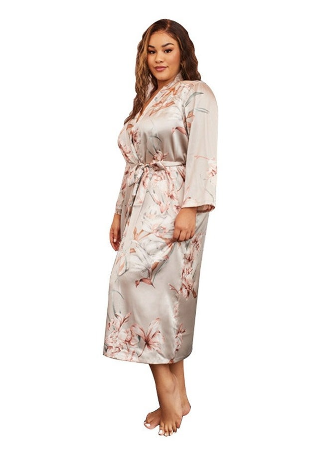 Loquat - Women's Imitation Silk Floral Printed Large Size Nightgown Night-Robe V-Neck Soft Bathrobe Loungewear - Image 1