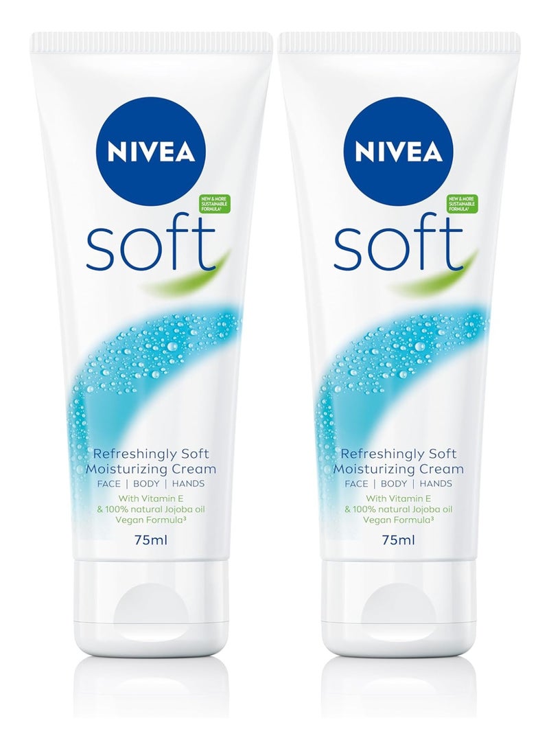 Nivea Two Pieces of Moisturising Cream, Soft Refreshing for Face, Body And Hands With Vitamin E& Jojoba Oil 75 ml - Image 1