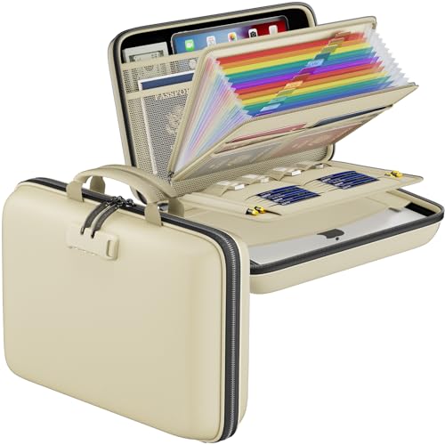 DocSafe Fireproof File Organizer with Lock, Hard-Shell Case Fireproof Document Box with 13 Pocket Accordion File Folder, Portable Home Office Travel Safe Storage for Important Documents Laptop Beige - Image 1