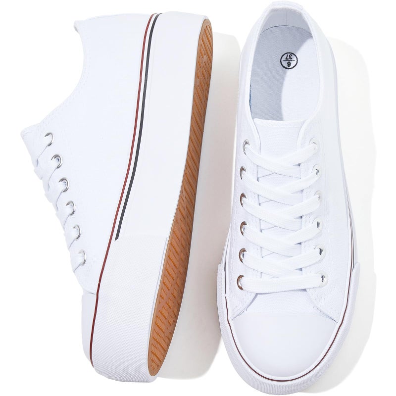 SERNIAL Womens White Platform Sneakers Low Top Platform Shoes Black Canvas Shoes for Women(White,US7) - Image 1