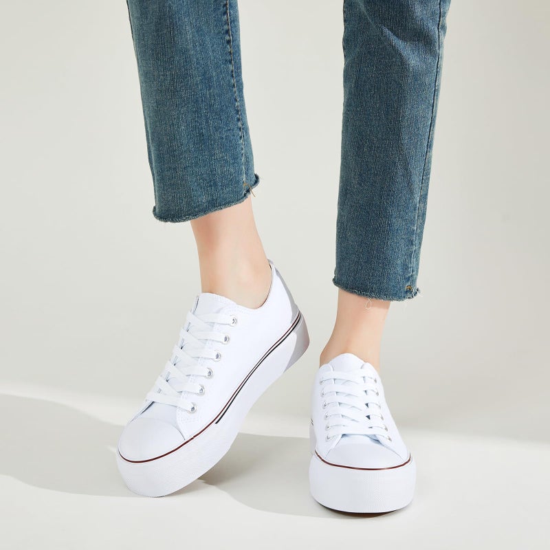 SERNIAL Womens White Platform Sneakers Low Top Platform Shoes Black Canvas Shoes for Women(White,US7) - Image 2