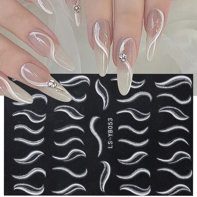8 Sheets Feathers Lines Nail Art Stickers 3D SelfAdhesive White Blue Gold Combination Line Nail Decals Feathers Nail Stickers Design Nail Art Supplies for Women Acrylic Nails DIY Nails Art Supplies