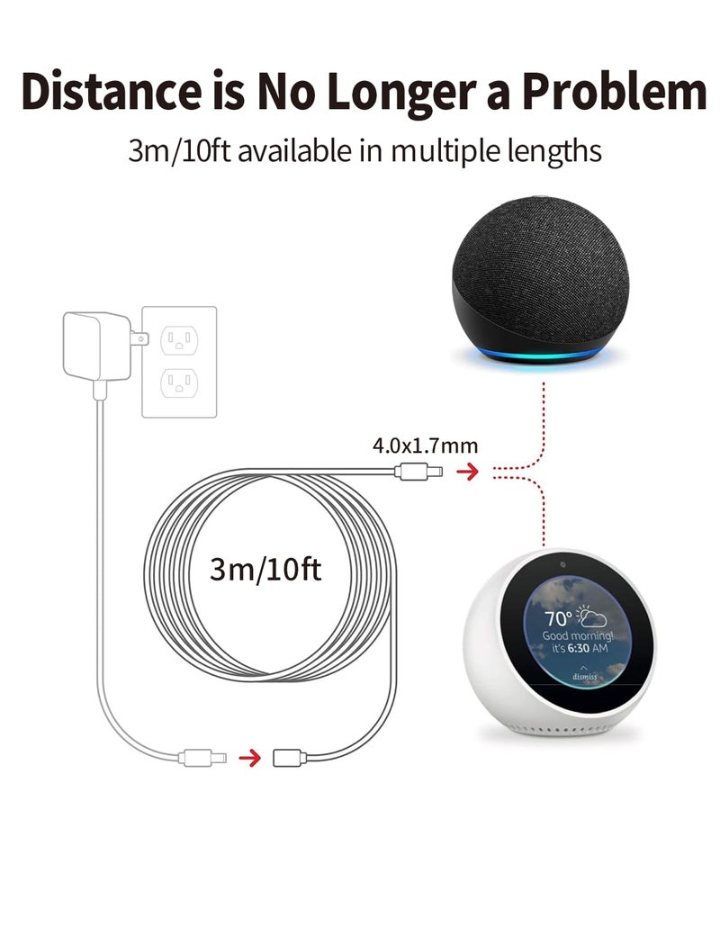 Tonton 15W 10Ft Echo Dot Show Extension Cord Replacement 12V 1.25A for Alexa Echo Dot (3rd 4th Gen), Echo Dot with Clock, Echo Dot Kids Edition, Echo Show 5, Echo Spot, Fire TV Cube(Black, 20AWG) - Image 4
