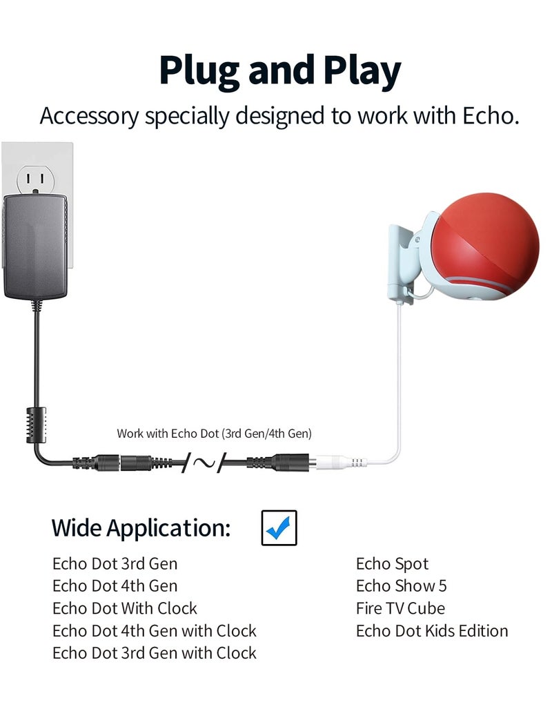 Tonton 15W 10Ft Echo Dot Show Extension Cord Replacement 12V 1.25A for Alexa Echo Dot (3rd 4th Gen), Echo Dot with Clock, Echo Dot Kids Edition, Echo Show 5, Echo Spot, Fire TV Cube(Black, 20AWG) - Image 5