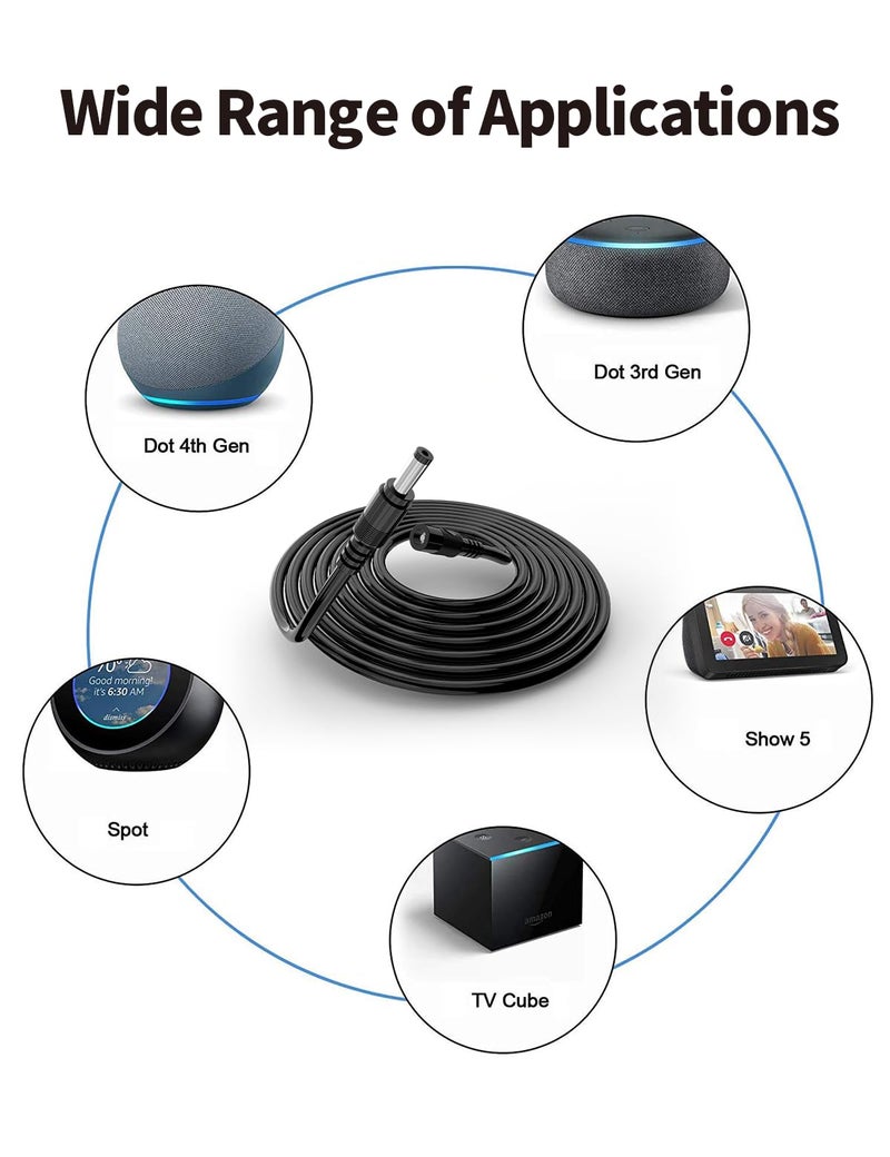 Tonton 15W 10Ft Echo Dot Show Extension Cord Replacement 12V 1.25A for Alexa Echo Dot (3rd 4th Gen), Echo Dot with Clock, Echo Dot Kids Edition, Echo Show 5, Echo Spot, Fire TV Cube(Black, 20AWG) - Image 2