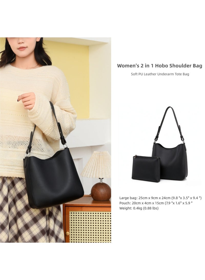 Cloovvie Women's 2 in 1 Hobo Shoulder Bag, Soft PU Leather Underarm Tote Bag with Detachable Small Zipper Pouch, Adjustable Strap Casual Crossbody Handbag for Daily Work Shopping - Image 3
