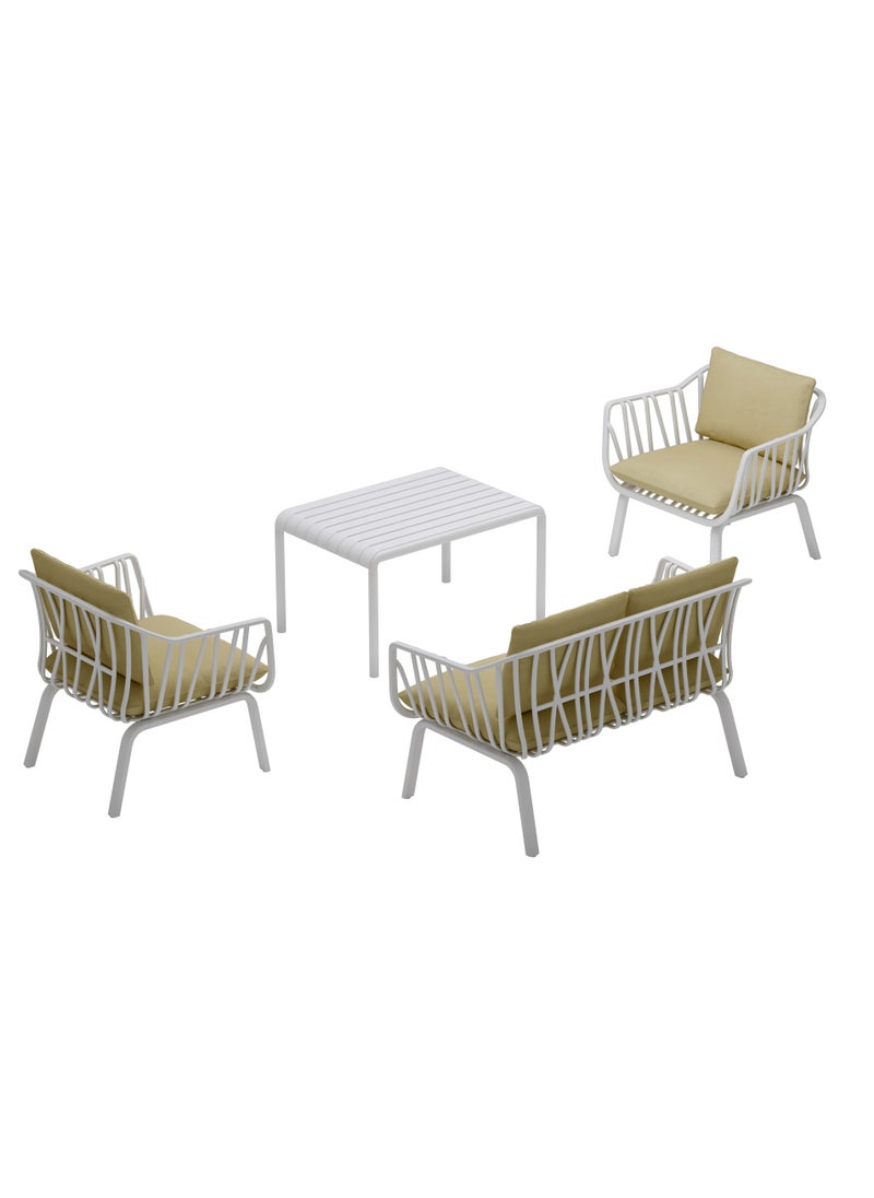 Marcolo 4-Piece Outdoor Sofa Set for Garden, Patio, Balcony & Villa – Heat & UV Resistant, Durable Fiberglass Plastic Seating, Modern White Steel Frame, Beige Cushions – 2 Chairs, Loveseat & Coffee Table  - Image 5