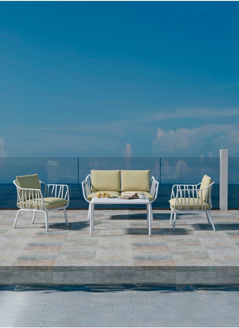 Marcolo 4-Piece Outdoor Sofa Set for Garden, Patio, Balcony & Villa – Heat & UV Resistant, Durable Fiberglass Plastic Seating, Modern White Steel Frame, Beige Cushions – 2 Chairs, Loveseat & Coffee Table  - Image 2