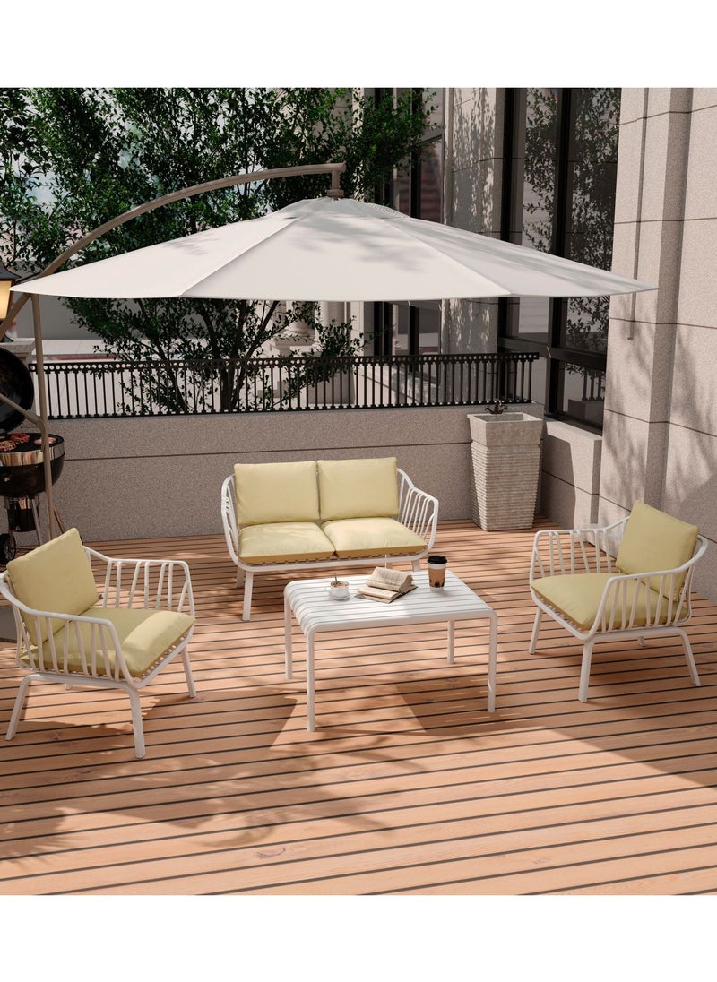 Marcolo 4-Piece Outdoor Sofa Set for Garden, Patio, Balcony & Villa – Heat & UV Resistant, Durable Fiberglass Plastic Seating, Modern White Steel Frame, Beige Cushions – 2 Chairs, Loveseat & Coffee Table  - Image 4
