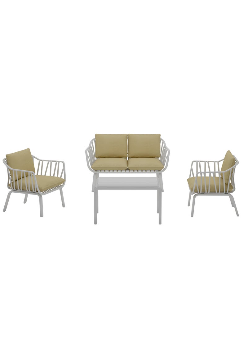 Marcolo 4-Piece Outdoor Sofa Set for Garden, Patio, Balcony & Villa – Heat & UV Resistant, Durable Fiberglass Plastic Seating, Modern White Steel Frame, Beige Cushions – 2 Chairs, Loveseat & Coffee Table  - Image 3