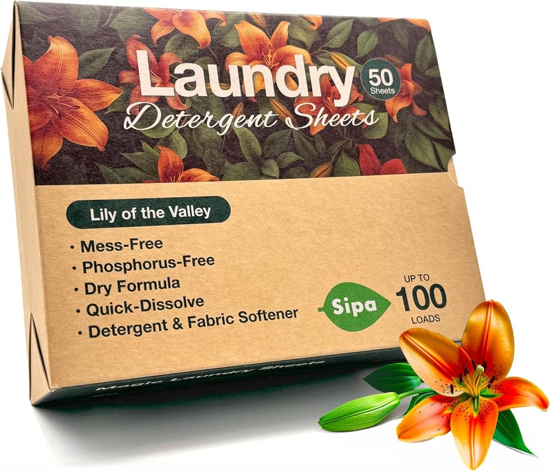 SIPA أوراق منظف الغسيل SIPA 50 ورقة 100 غسلة برائحة زنبق الوادي صديقة للبيئة وخالية من الفوسفور - Image 1