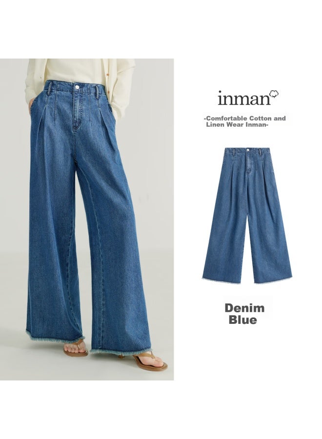 Inman Vintage Washed Raw Edge Design Wide Leg Jeans Women's New High Waist Long Pants Denim Blue 28 - Image 1