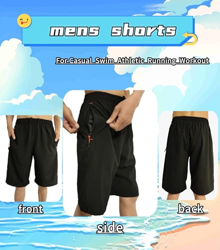 AICOC Men's Shorts Athletic Running Workout Swim Trunks with Ziper Pockets Quick Dry Lightweight Black - Image 2