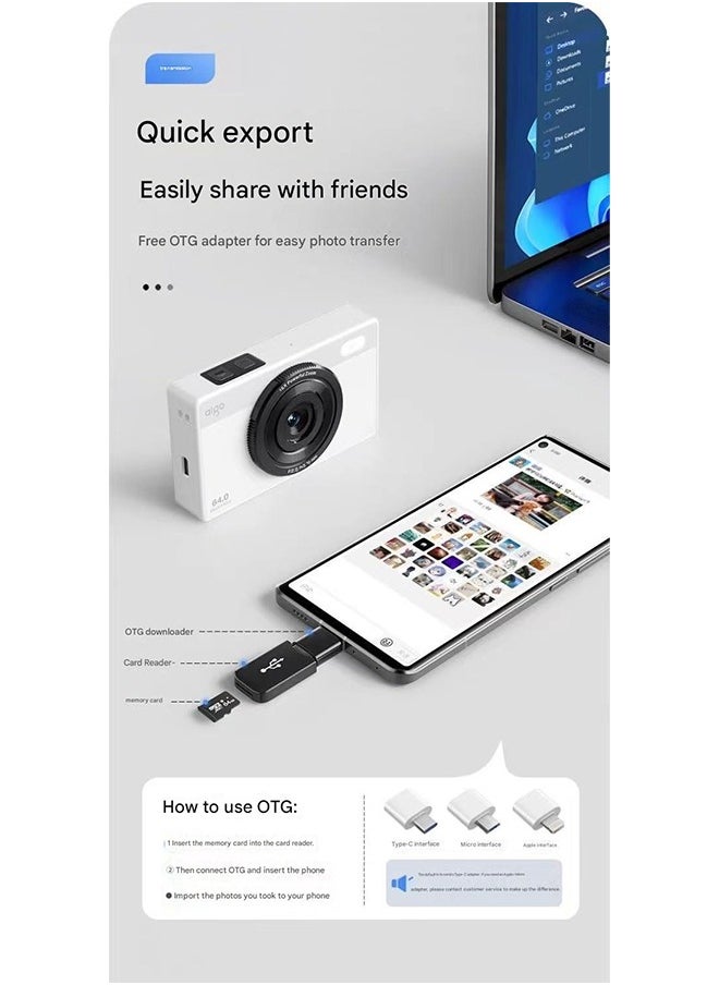 آيجو - كاميرا رقمية Aigo E6 بدقة 4K وضبط تلقائي للصورة وعمر طويل ومستشعر CMOS بدقة 64 مليون بكسل ومشغل بطاقات محمول وكاميرا CCD كلاسيكية - Image 1