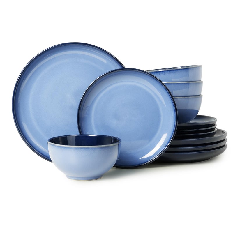 Pokini Stoneware Dinnerware Sets, Ceramic Plates and Bowls Set, Microwave & Dishwasher Safe Kitchen Dish Set, Modern Dinner Plates | Salad Plate | Cereal Bowls for 4, Dishware Sets Blue - Image 1