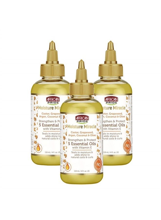 African Pride Moisture Miracle 5 Essential Oils - Contains Castor, Grapeseed, Argan, Coconut & Olive Oil, Seals in Moisture & Adds Shine, Vitamin E, 4 oz (3 Pack) - Image 1
