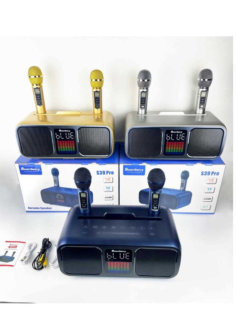 سمارت بيري S39 Pro Portable Bluetooth Speaker with 2 Wireless Microphones | Waterproof, Rich Bass, TWS Pairing, Battery | Perfect for Parties, Karaoke  Outdoor Use gold - Image 3