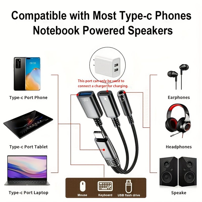 محول متعدد الوظائف من نوع 3 في 1 USB-C أحمر، محول USB-C إلى 3.5 ملم للصوت مع USB OTG وكابل شحن سريع لأجهزة أبل 15/16 وسامسونج وشاومي وجميع الهواتف المحمولة - Image 4