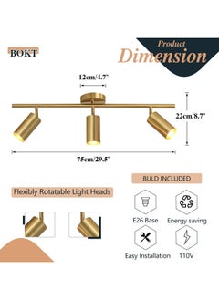 SP Gold Adjustable Track Lighting 3 Light Modern Ceiling Spotlight Modern Brushed Brass Flush Mount Ceiling Light Industrial Ceiling Pendant Light for Kitchen Utility Living Room  - Image 2