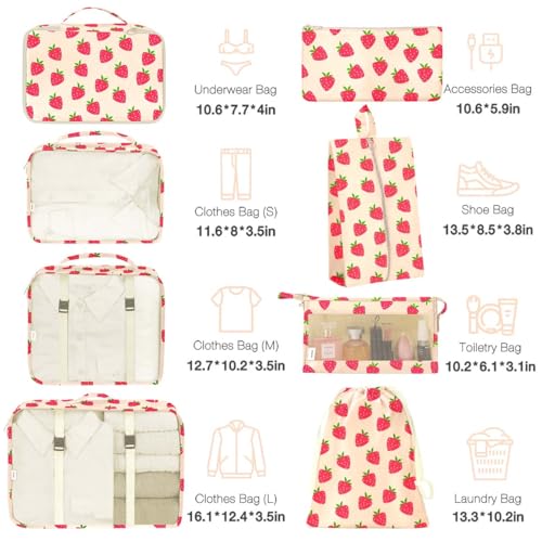 Hatisan 8 Set Packing Cubes for SuitcasesPacking Cube with Shoe Cosmetics Clothing and Accessories Bags Packing Cubes for Travel Luggage Organizer Women Men8 Set Strawberry - Image 3