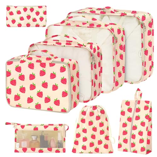 Hatisan 8 Set Packing Cubes for SuitcasesPacking Cube with Shoe Cosmetics Clothing and Accessories Bags Packing Cubes for Travel Luggage Organizer Women Men8 Set Strawberry - Image 1