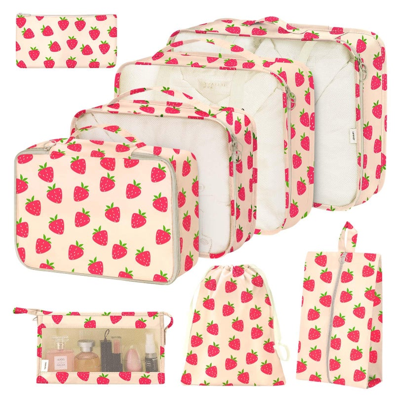 Hatisan 8 Set Packing Cubes for SuitcasesPacking Cube with Shoe Cosmetics Clothing and Accessories Bags Packing Cubes for Travel Luggage Organizer Women Men8 Set Strawberry - Image 2
