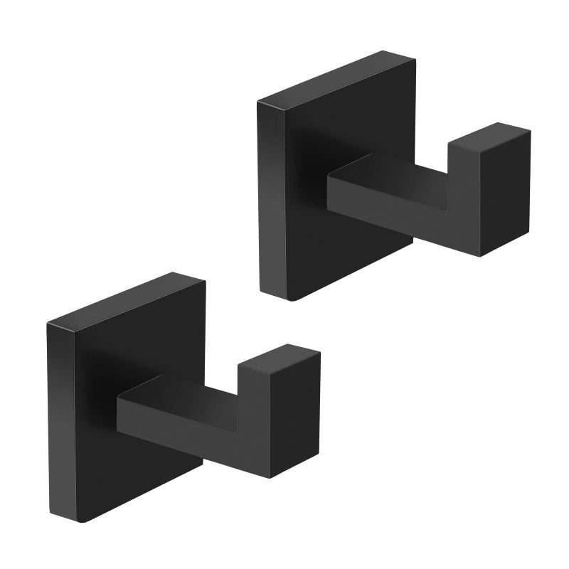 IBosins 2-Pack Towel Hooks Hand Towel Holder for Bathroom Wall Livingroom Bedroom Kitchen Closet Heavy Duty Stainless Steel Hook Hanger for Robe, Bath Towel, Coat (Square Matte Black) - Image 1
