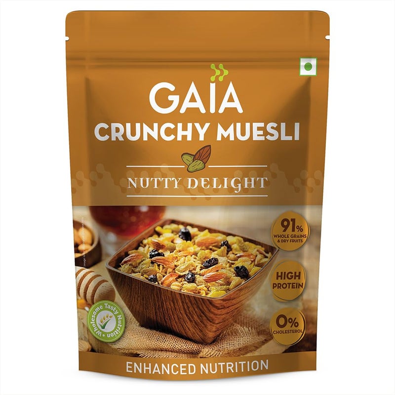 GAIA Nutty Delight Crunchy Muesli 375 gm Box - A Perfect Blend of Multigrains, Nuts, Oats and Cornflakes The Ultimate Healthy and Delicious Breakfast Cereals,Source of Protein, Zero Trans FatHigh Fiber - Image 1