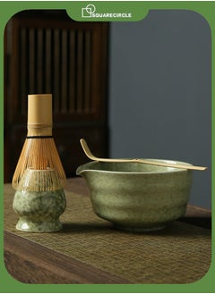 Squarecircle 4-piece Japanese Matcha Set with Spout, Ceramic Matcha Bowl+Whisk Holder+Bamboo Whisk+Spoon,for Traditional Tea Ceremony-Coarse Ceramic Perfect Handmade Matcha Kit to Prepare Traditional Matcha Tea, 100% Natural Matcha Gift Kit (Green)  - Image 1