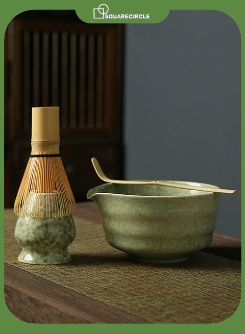 طقم شاي ماتشا ياباني مكون من 4 قطع مع فوهة، وعاء ماتشا سيراميك + حامل خفاقة + خفاقة خيزران + ملعقة، لحفلات الشاي التقليدية - طقم شاي ماتشا سيراميك مثالي مصنوع يدويًا لتحضير شاي ماتشا التقليدي، طقم هدايا ماتشا طبيعي 100% (أخضر)