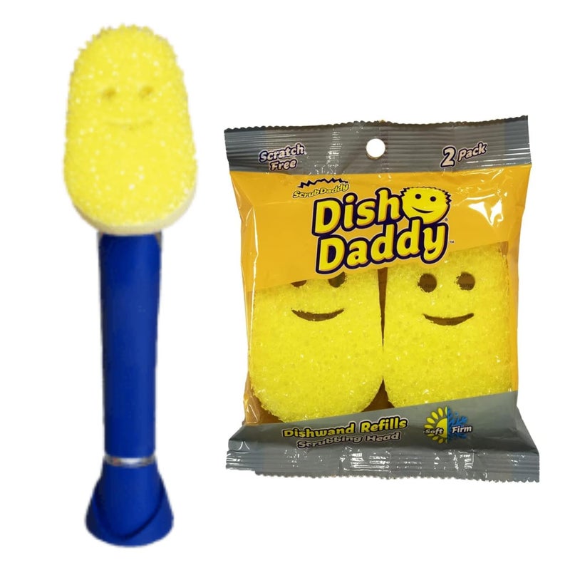Scrub Daddy Dish Daddy Wand  Refill Heads Soap Dispensing Dish Brush Texture Changing Washing Up Sponge With Liquid Handle Handle Sponge with Builtin Scraper  Scrubbing Head Drip stand Blue