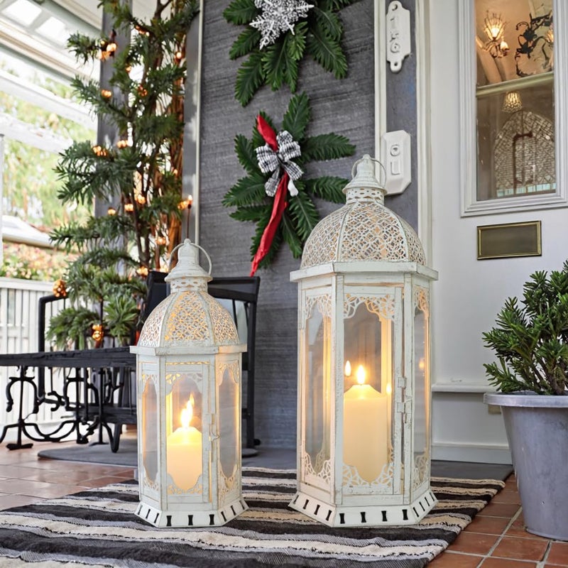 JHY DESIGN Set of 2 Decorative Candle Lanterns 22"&17" H Outdoor Vintage Metal Candle Holder for Garden Living Room Indoor Parties Weddings Patio Home Decor(White with Gold Brush) - Image 1